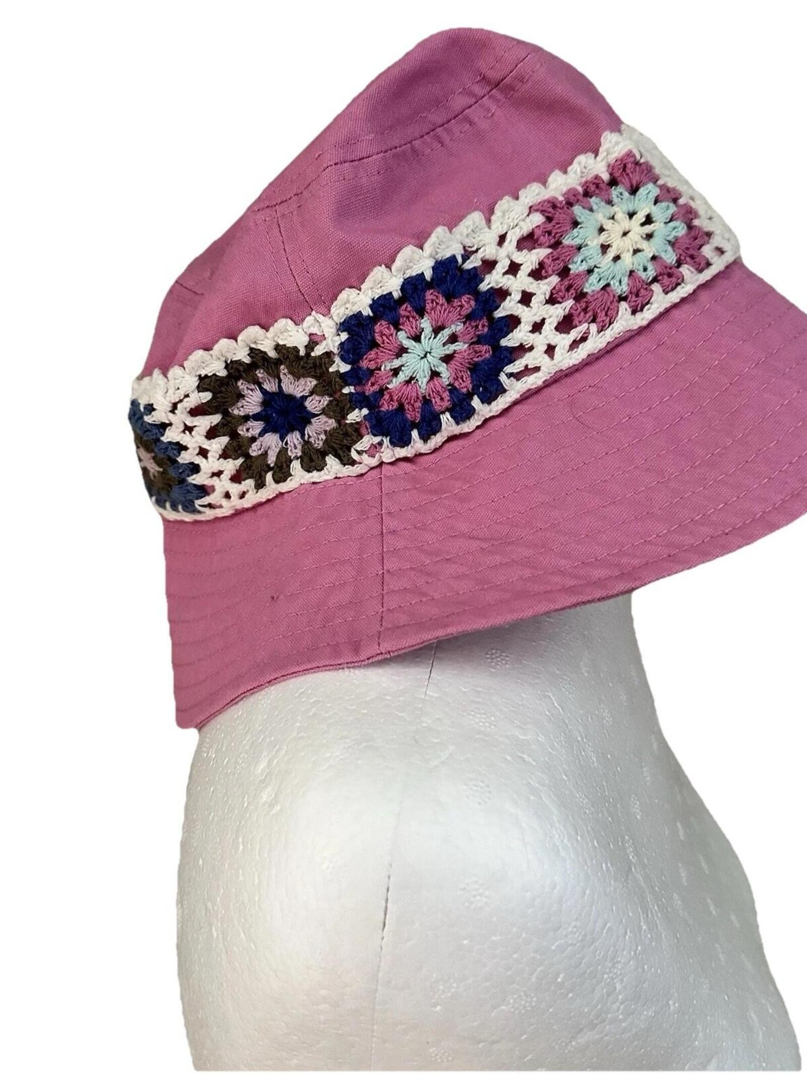Pastel Pink Granny Square Crochet Bucket Hat Summmer Beach Lake Garden Party